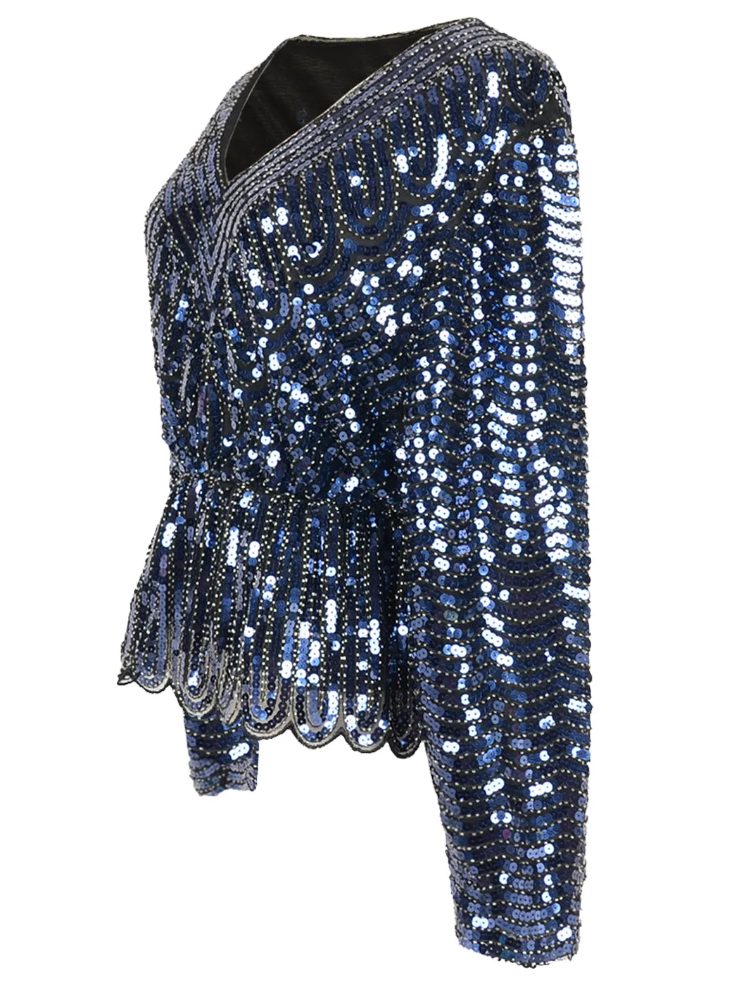 Anna-Kaci Womens 1920s Vintage Beaded Sparkly Sequin V Neck Long Sleeve Elastic Waist Batwing Party Tops