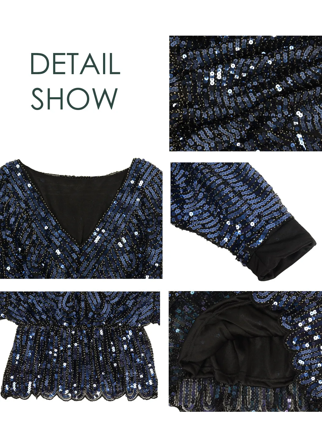 Anna-Kaci Womens 1920s Vintage Beaded Sparkly Sequin V Neck Long Sleeve Elastic Waist Batwing Party Tops