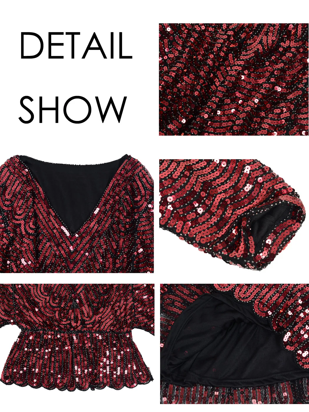 Anna-Kaci Womens 1920s Vintage Beaded Sparkly Sequin V Neck Long Sleeve Elastic Waist Batwing Party Tops