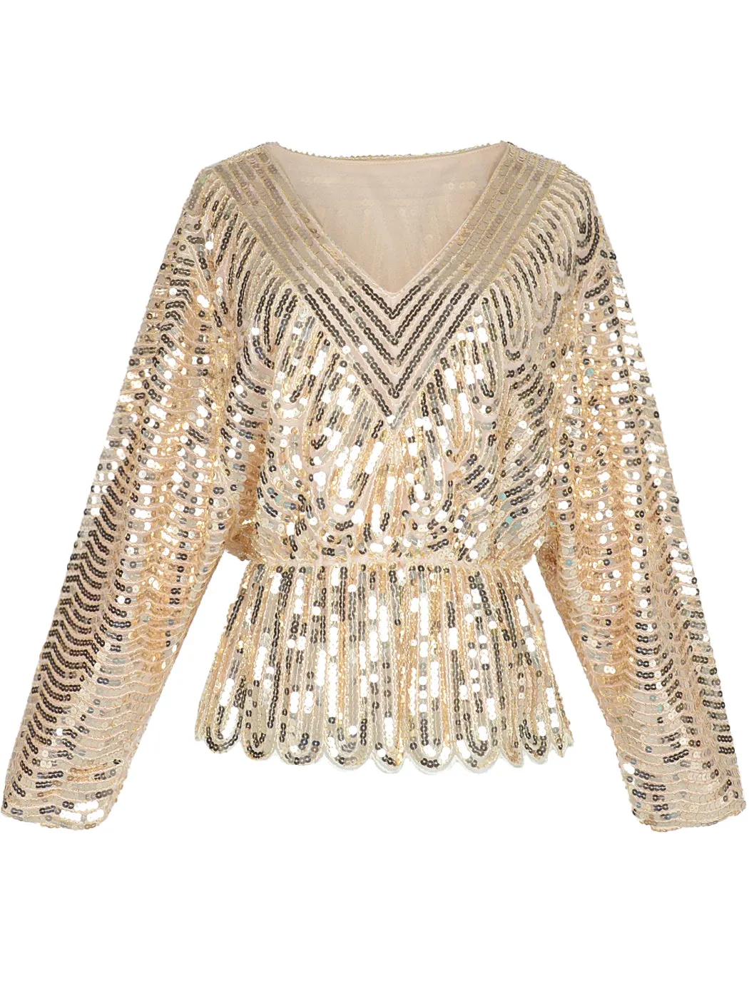 Anna-Kaci Womens 1920s Vintage Beaded Sparkly Sequin V Neck Long Sleeve Elastic Waist Batwing Party Tops