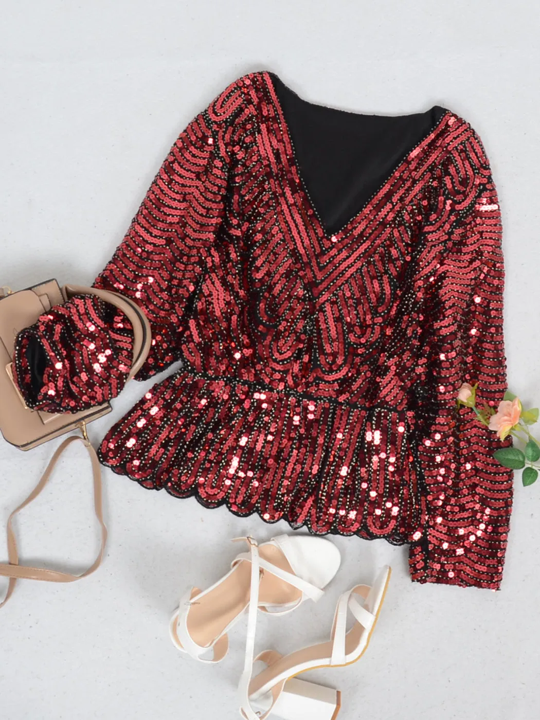 Anna-Kaci Womens 1920s Vintage Beaded Sparkly Sequin V Neck Long Sleeve Elastic Waist Batwing Party Tops