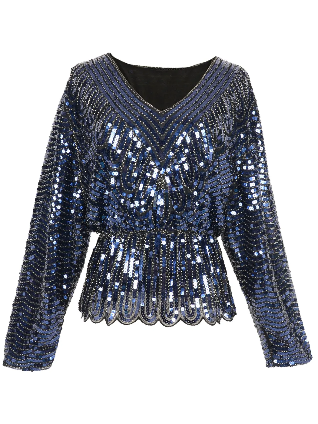Anna-Kaci Womens 1920s Vintage Beaded Sparkly Sequin V Neck Long Sleeve Elastic Waist Batwing Party Tops