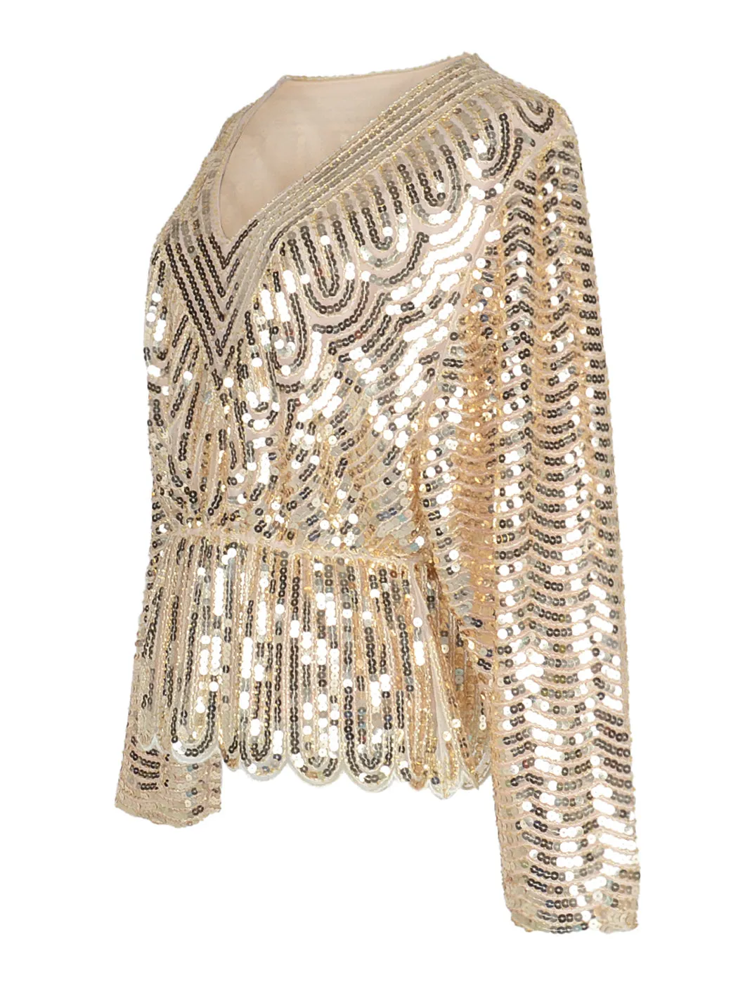 Anna-Kaci Womens 1920s Vintage Beaded Sparkly Sequin V Neck Long Sleeve Elastic Waist Batwing Party Tops
