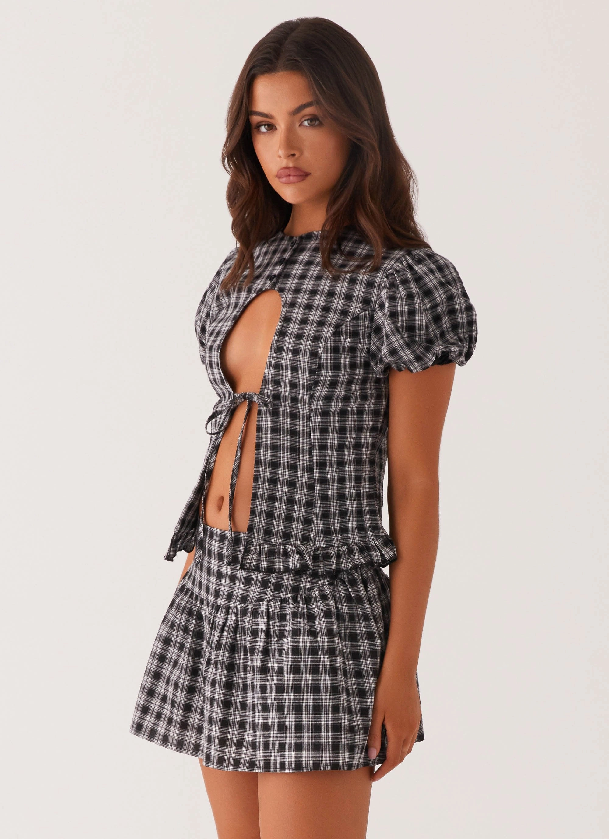 Annie Puff Sleeve Top - White Black Check
