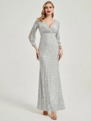 Apricot Grey Sequin Slit Long Sleeve Maxi Formal Mermaid Evening Dress