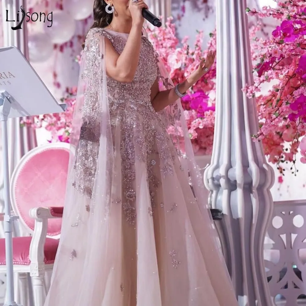 Arabic Blush Pink Beaded Lace Luxury Evening Dresses With Cloak
