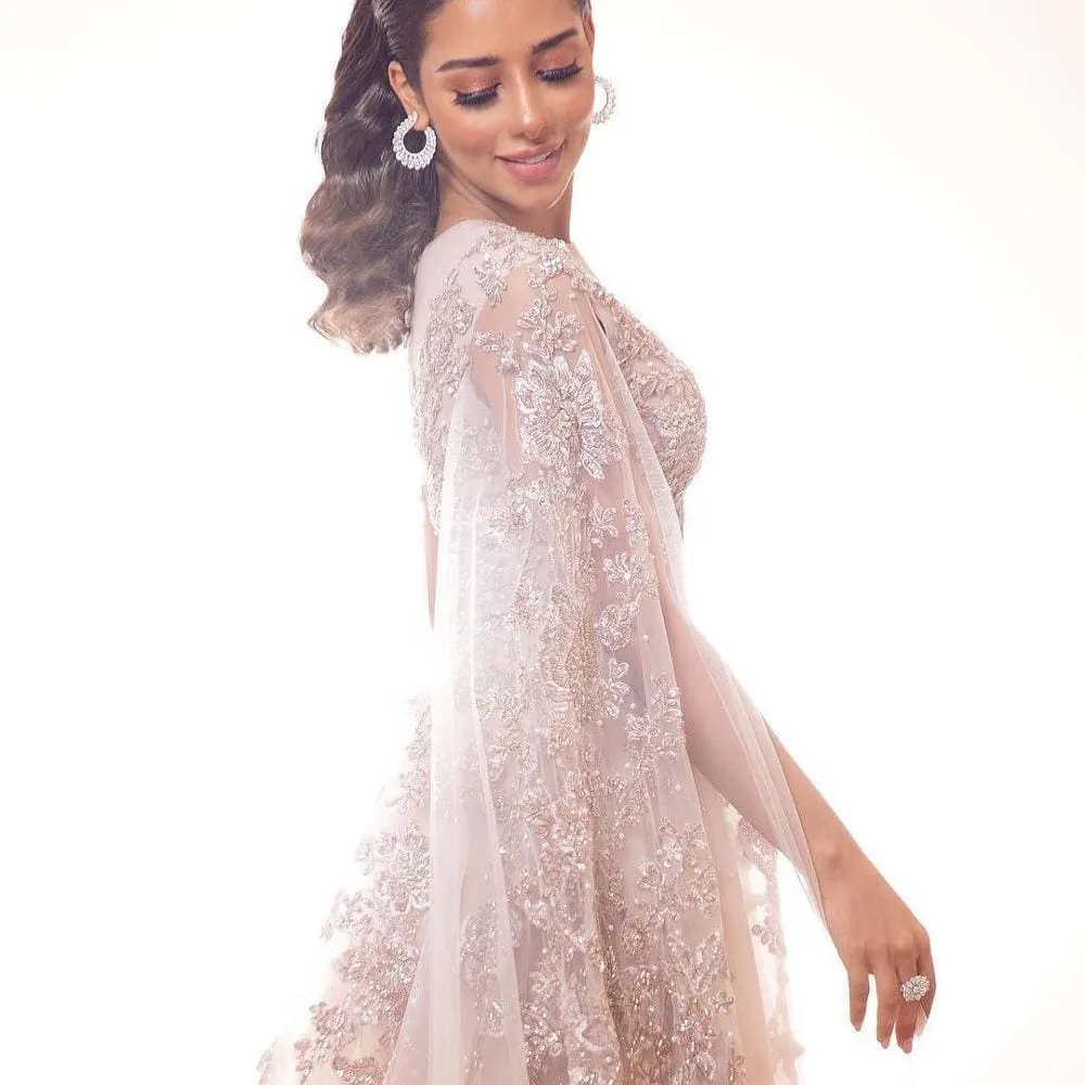 Arabic Blush Pink Beaded Lace Luxury Evening Dresses With Cloak