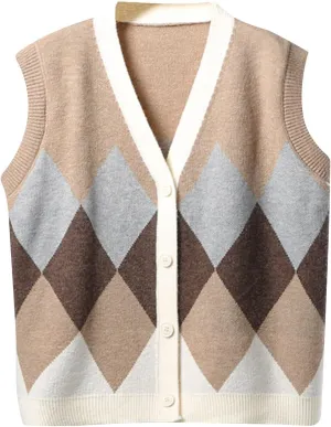 Argyle Sweater Vests for Women Classic V Neck Button Front Sleeveless Crochet Knit Sweater Casual Cardigan Overweart