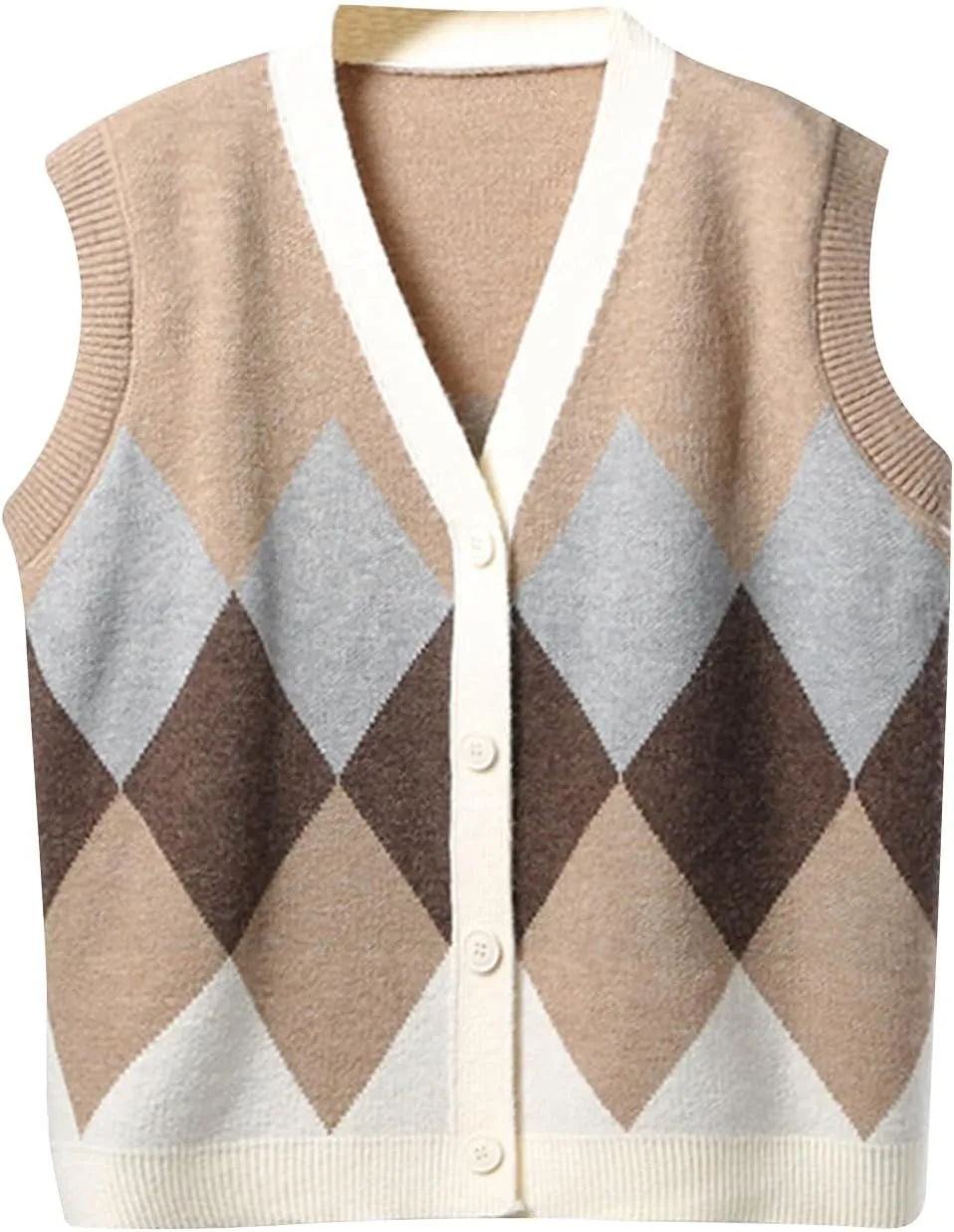 Argyle Sweater Vests for Women Classic V Neck Button Front Sleeveless Crochet Knit Sweater Casual Cardigan Overweart
