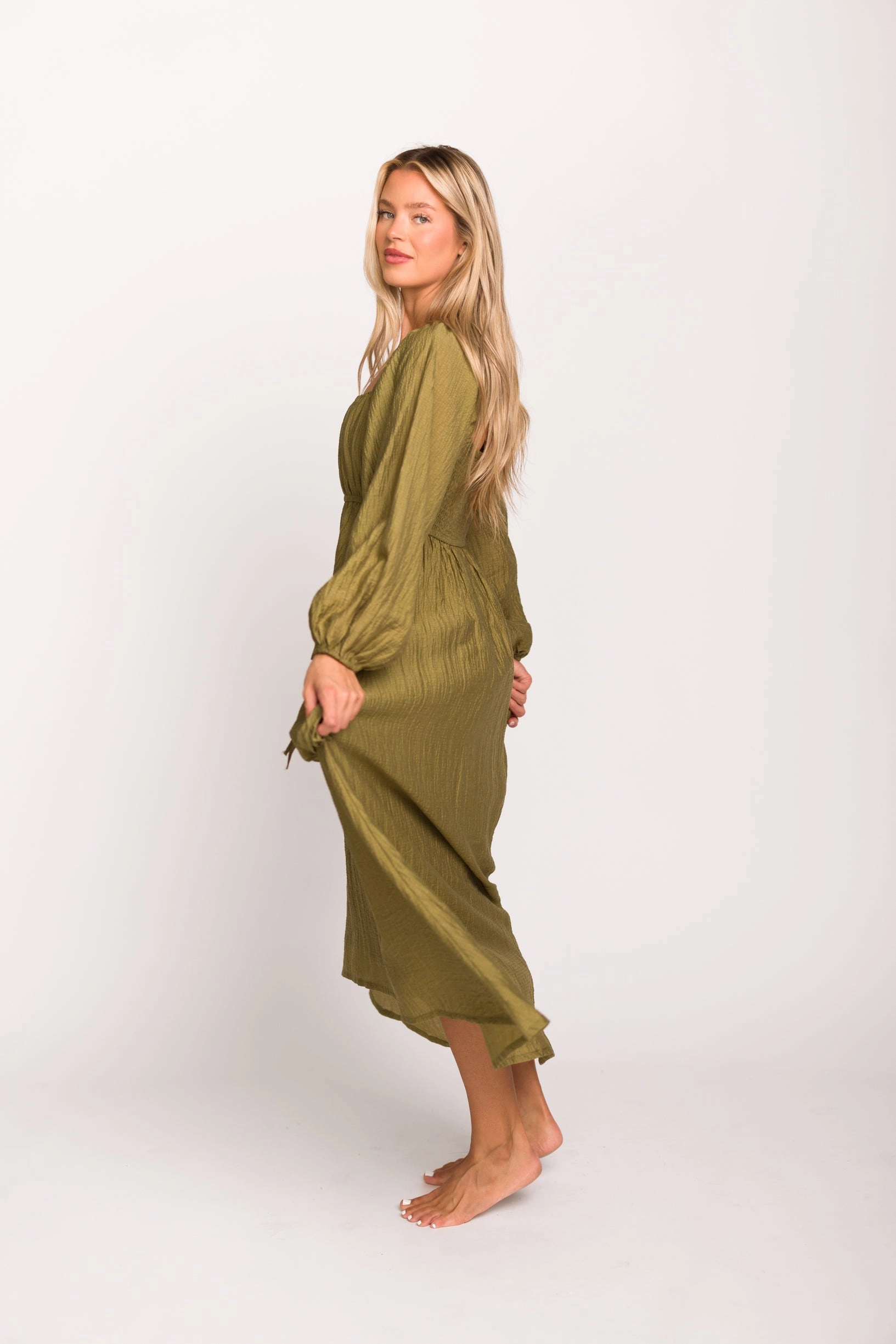 Ariana Long Sleeved Maxi Dress with Slouchy Pocket in Olive *Final-Sale*