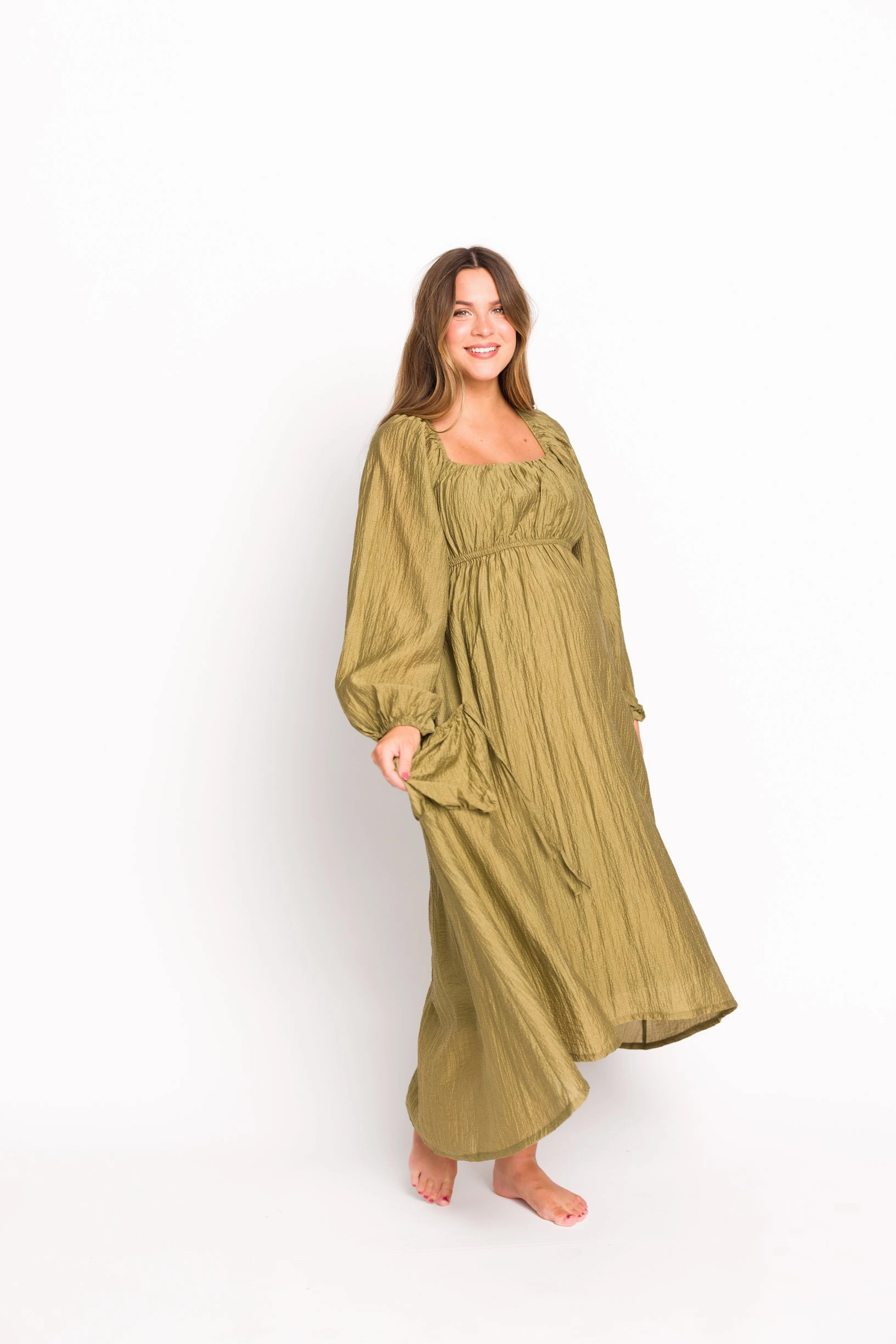 Ariana Long Sleeved Maxi Dress with Slouchy Pocket in Olive *Final-Sale*