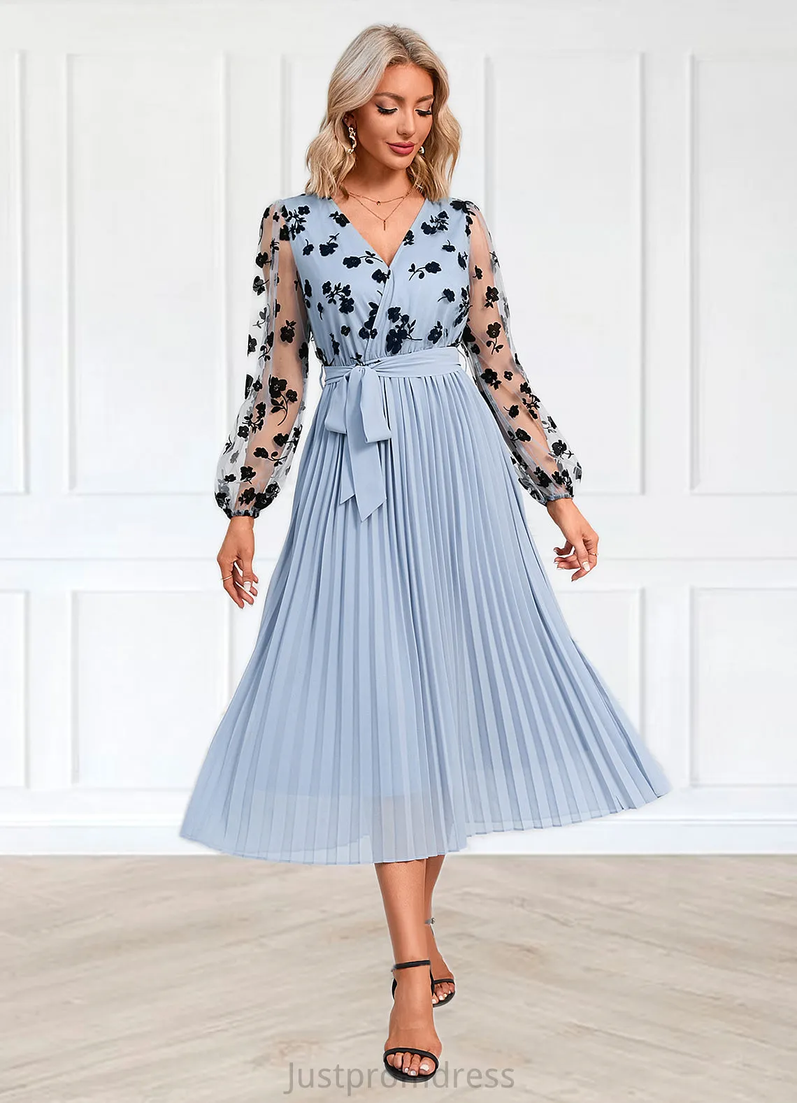 Ariella Flower Pleated V-Neck Elegant A-line Chiffon Midi Dresses HHP0022402