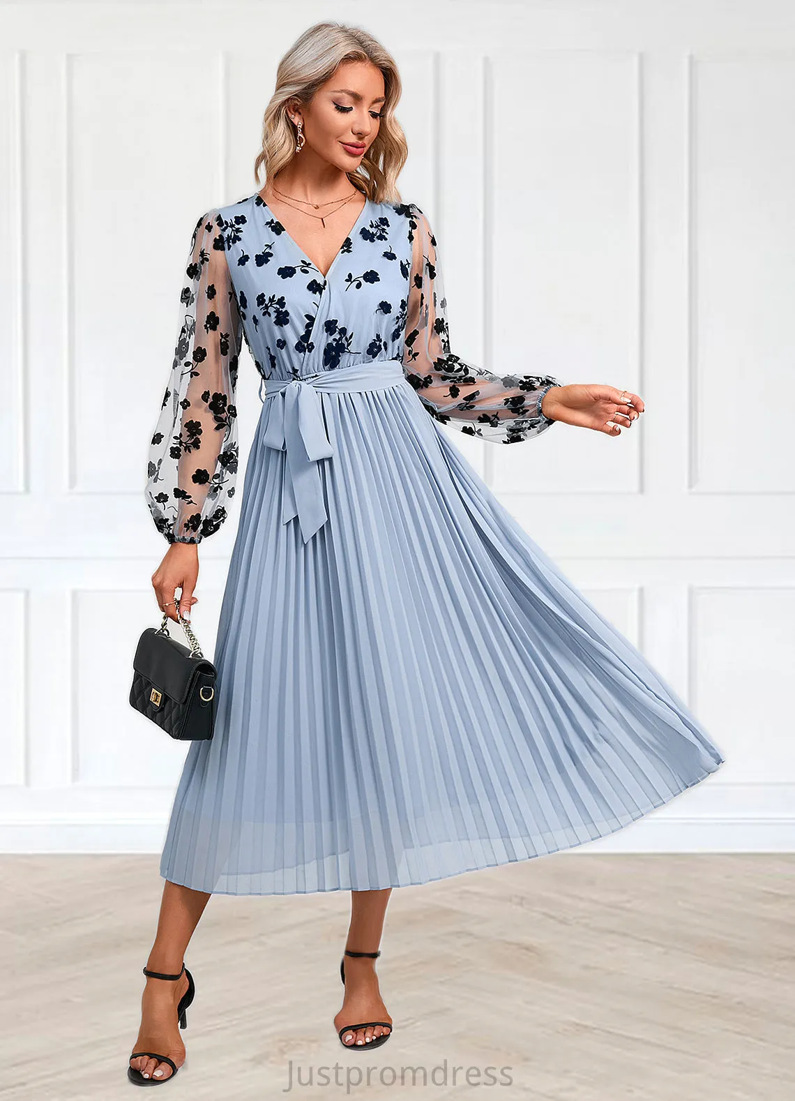 Ariella Flower Pleated V-Neck Elegant A-line Chiffon Midi Dresses HHP0022402