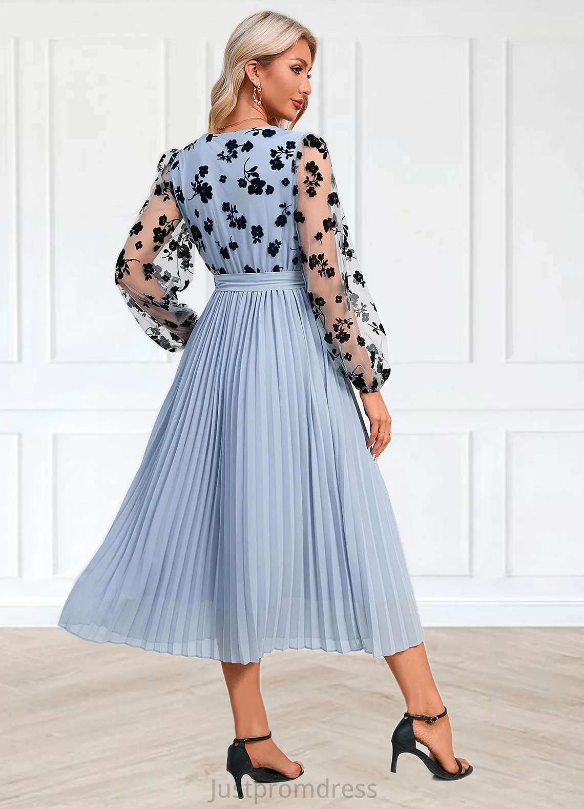 Ariella Flower Pleated V-Neck Elegant A-line Chiffon Midi Dresses HHP0022402