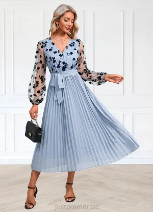 Ariella Flower Pleated V-Neck Elegant A-line Chiffon Midi Dresses HHP0022402