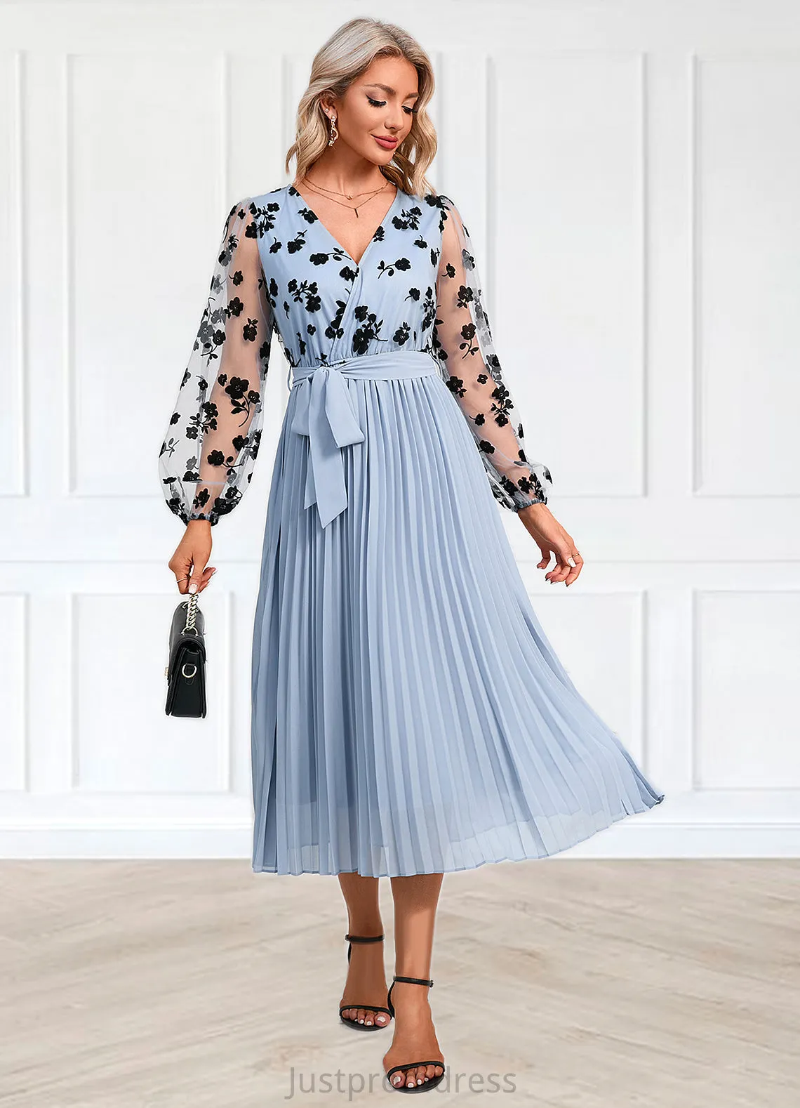 Ariella Flower Pleated V-Neck Elegant A-line Chiffon Midi Dresses HHP0022402