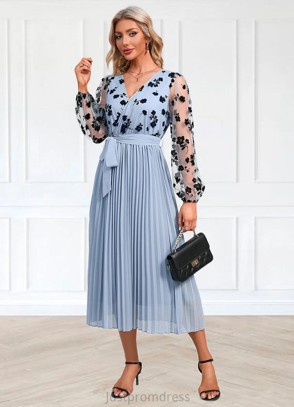 Ariella Flower Pleated V-Neck Elegant A-line Chiffon Midi Dresses HHP0022402