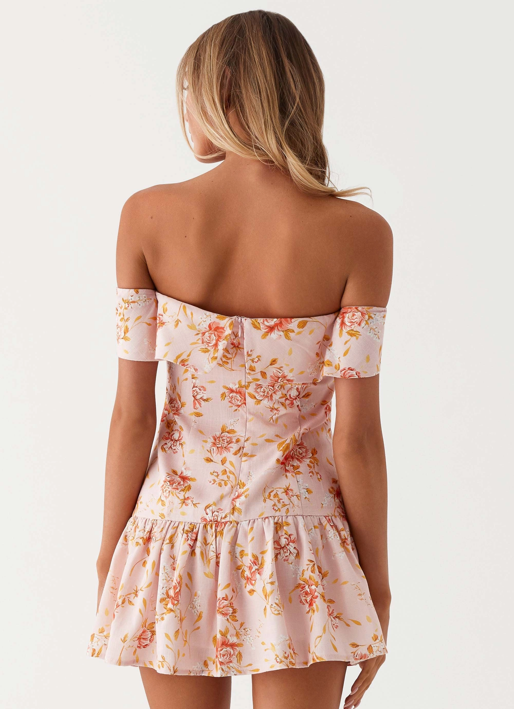 Aries Off Shoulder Linen Mini Dress - Pink Floral