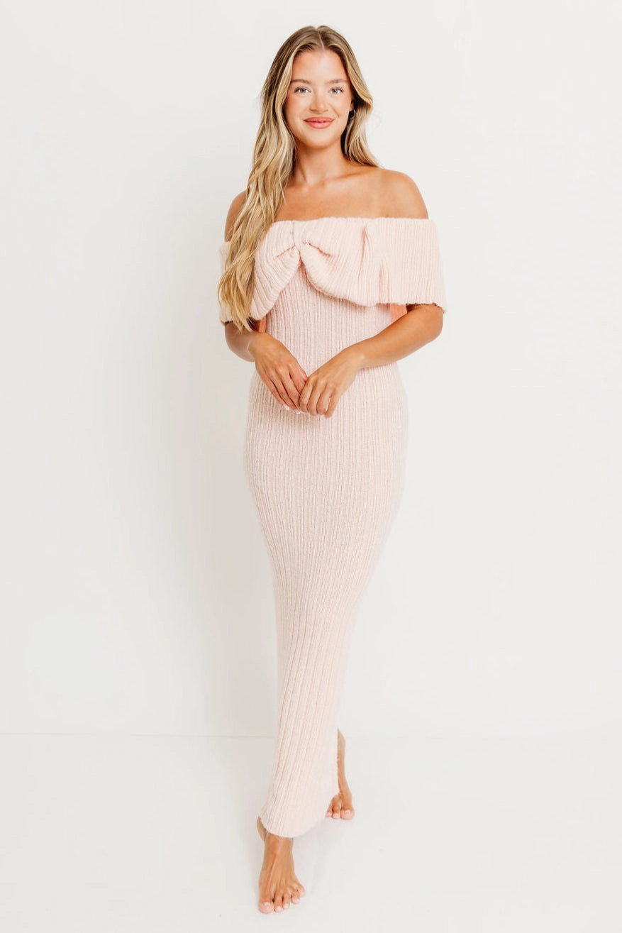 Aston Bow Front Maxi Sweater Dress in Pinkish Petal ?C Bump Friendly & Inclusive Sizing (S-3XL)