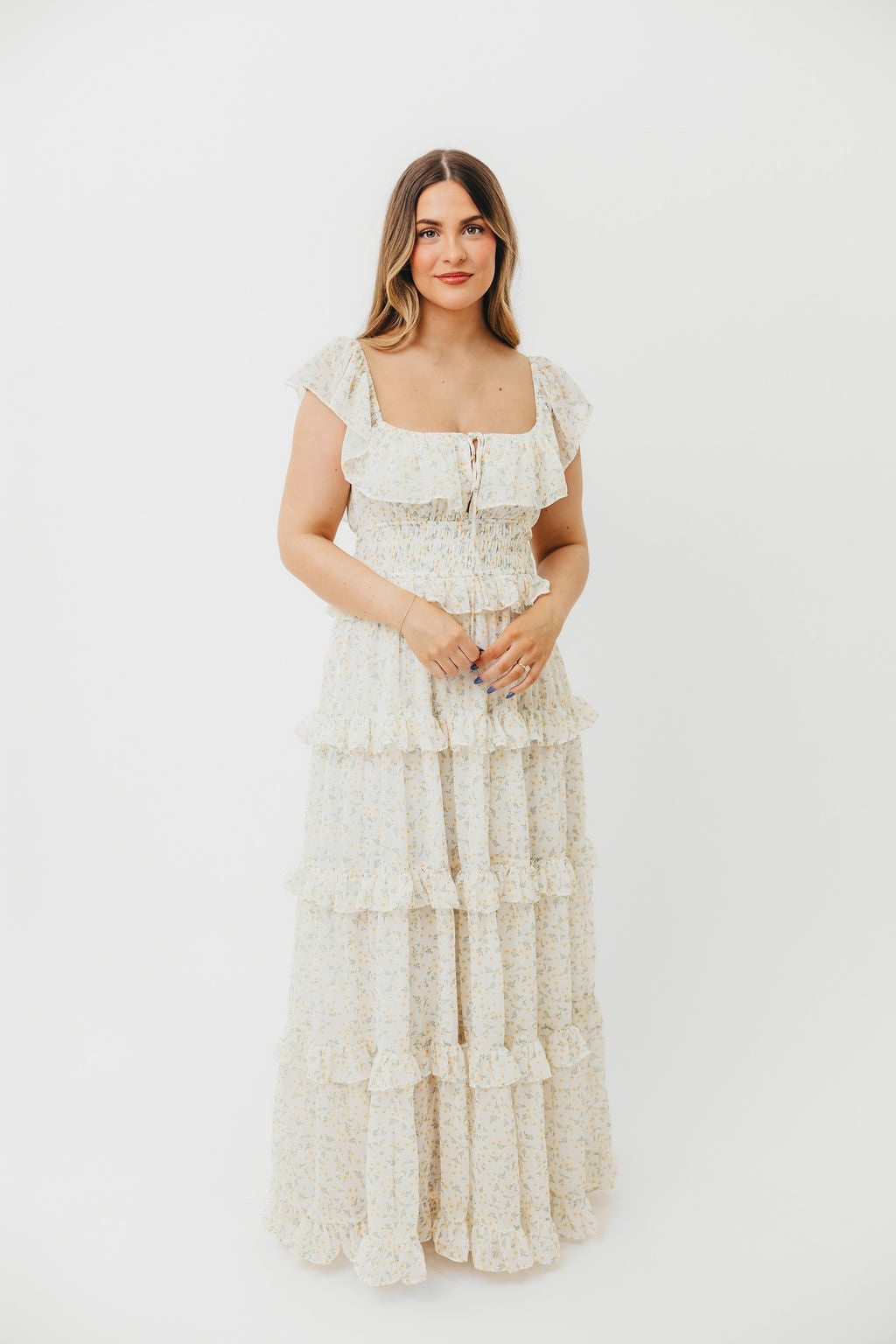 Astrid Ruffle Detail Maxi Dress in Yellow Floral  - Bump Friendly