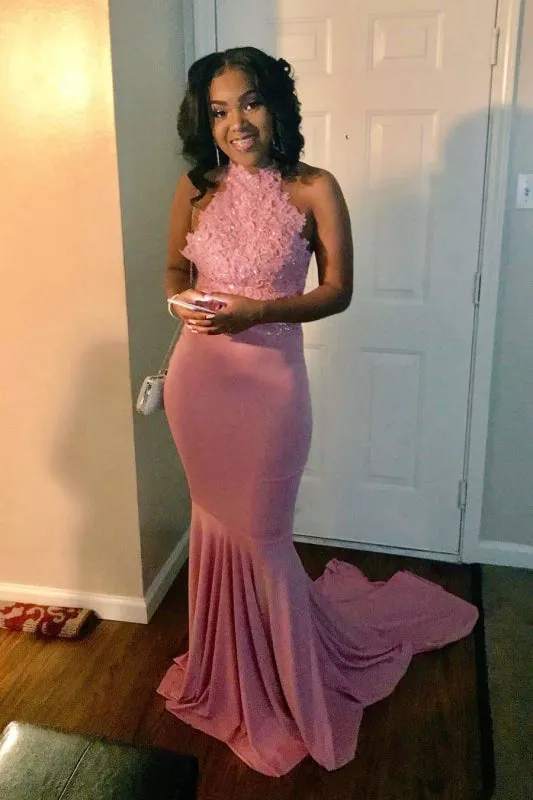 Attractive Pink Halter Backless Long Mermaid Prom Dresses with Train