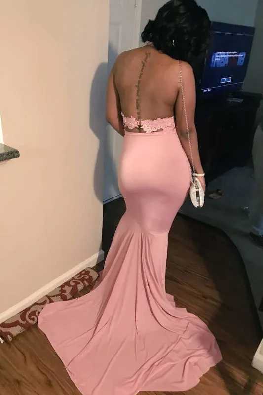 Attractive Pink Halter Backless Long Mermaid Prom Dresses with Train