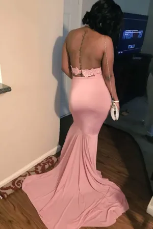 Attractive Pink Halter Backless Long Mermaid Prom Dresses with Train