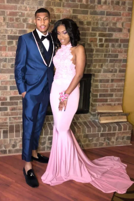 Attractive Pink Halter Backless Long Mermaid Prom Dresses with Train