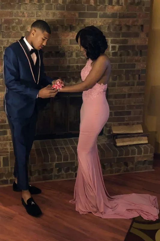 Attractive Pink Halter Backless Long Mermaid Prom Dresses with Train