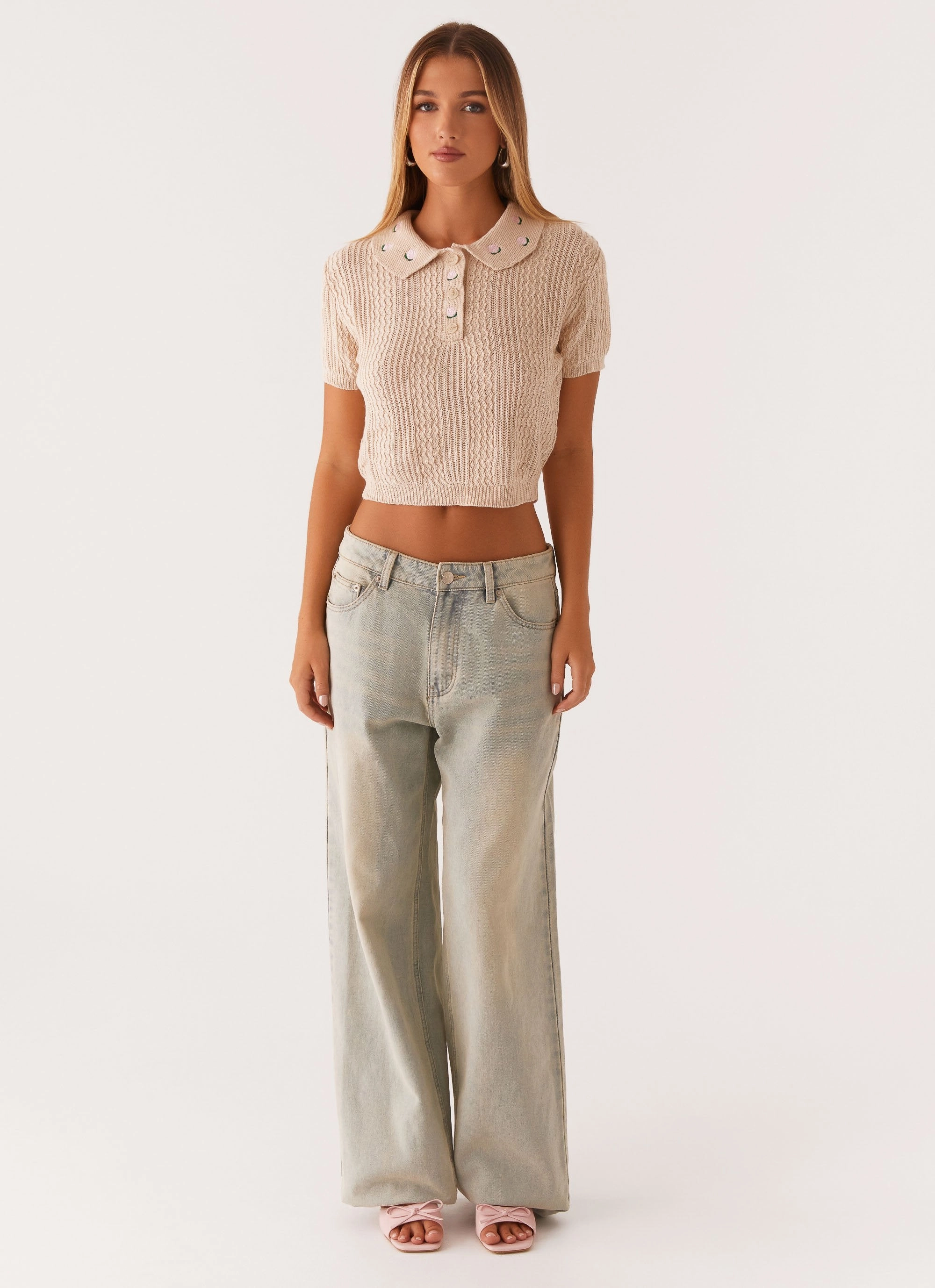 Aubrielle Knit Collar Top - Cream