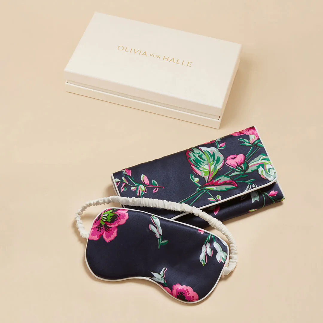 Audrey Madison Navy Floral Eye Mask in Silk Satin