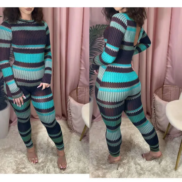 Autumn Striped Print Bodycon Jumpsuit Women Rompers Long Sleeve One Piece