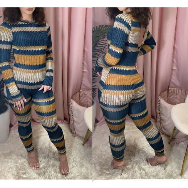 Autumn Striped Print Bodycon Jumpsuit Women Rompers Long Sleeve One Piece