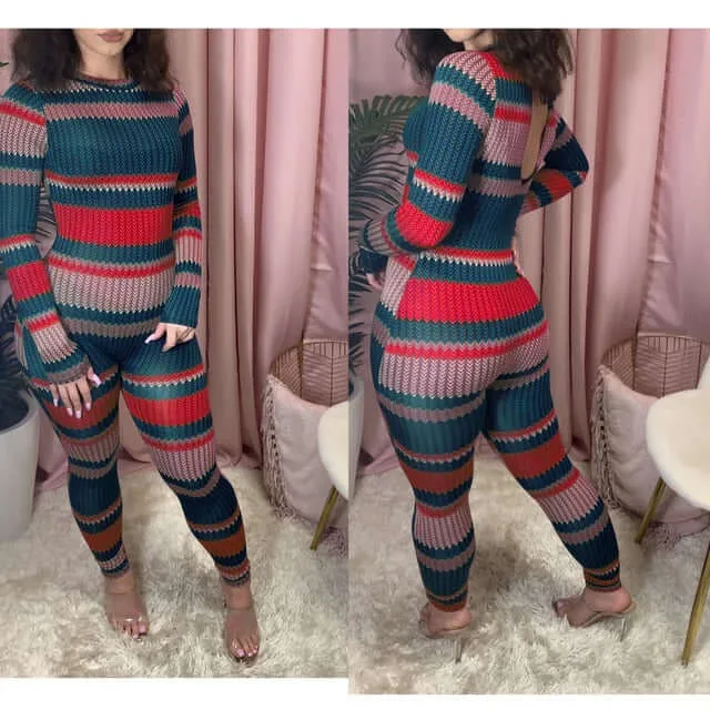 Autumn Striped Print Bodycon Jumpsuit Women Rompers Long Sleeve One Piece