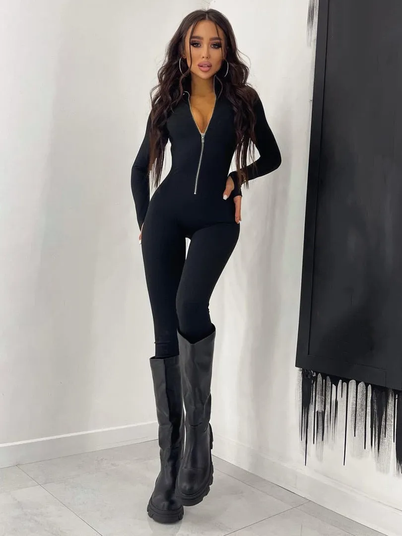 Autumn Winter Female Clothing Solid Long Sleeve Zipper Jumpsuits Skinny Sexy Streetwear Rompers Fashion Women's Jumpsuit