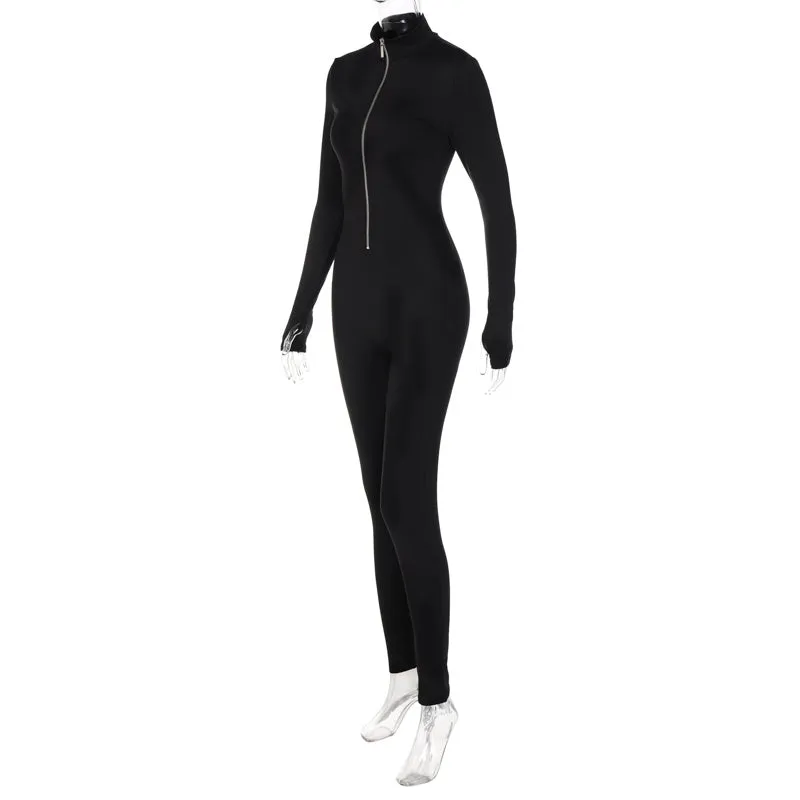 Autumn Winter Female Clothing Solid Long Sleeve Zipper Jumpsuits Skinny Sexy Streetwear Rompers Fashion Women's Jumpsuit