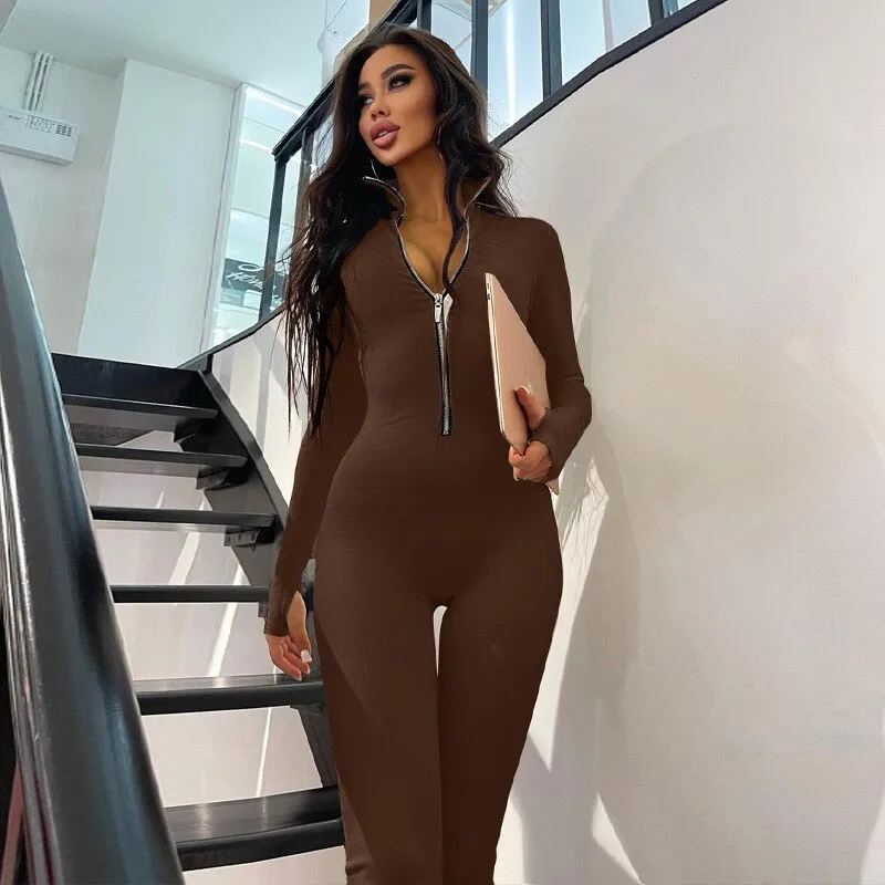 Autumn Winter Female Clothing Solid Long Sleeve Zipper Jumpsuits Skinny Sexy Streetwear Rompers Fashion Women's Jumpsuit