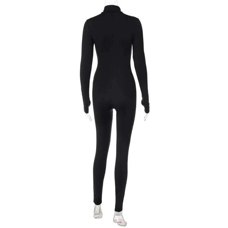 Autumn Winter Female Clothing Solid Long Sleeve Zipper Jumpsuits Skinny Sexy Streetwear Rompers Fashion Women's Jumpsuit