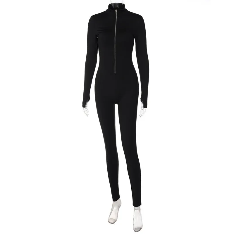 Autumn Winter Female Clothing Solid Long Sleeve Zipper Jumpsuits Skinny Sexy Streetwear Rompers Fashion Women's Jumpsuit