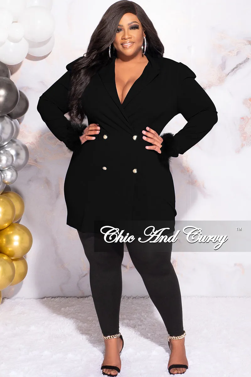Available Online Only - Final Sale Plus Size Button Blazer Dress with Feather Cuffs in Black