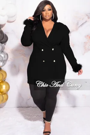 Available Online Only - Final Sale Plus Size Button Blazer Dress with Feather Cuffs in Black Available Online Only - Final Sale Plus Size Button Blazer Dress with Feather Cuffs in Black