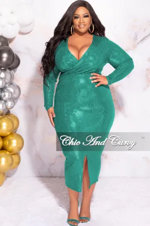 Available Online Only - Final Sale Plus Size Faux Sequin Faux Wrap Bodycon  Dress with Front Slit in Green Available Online Only - Final Sale Plus Size Faux Sequin Faux Wrap Bodycon  Dress with Front Slit in Green