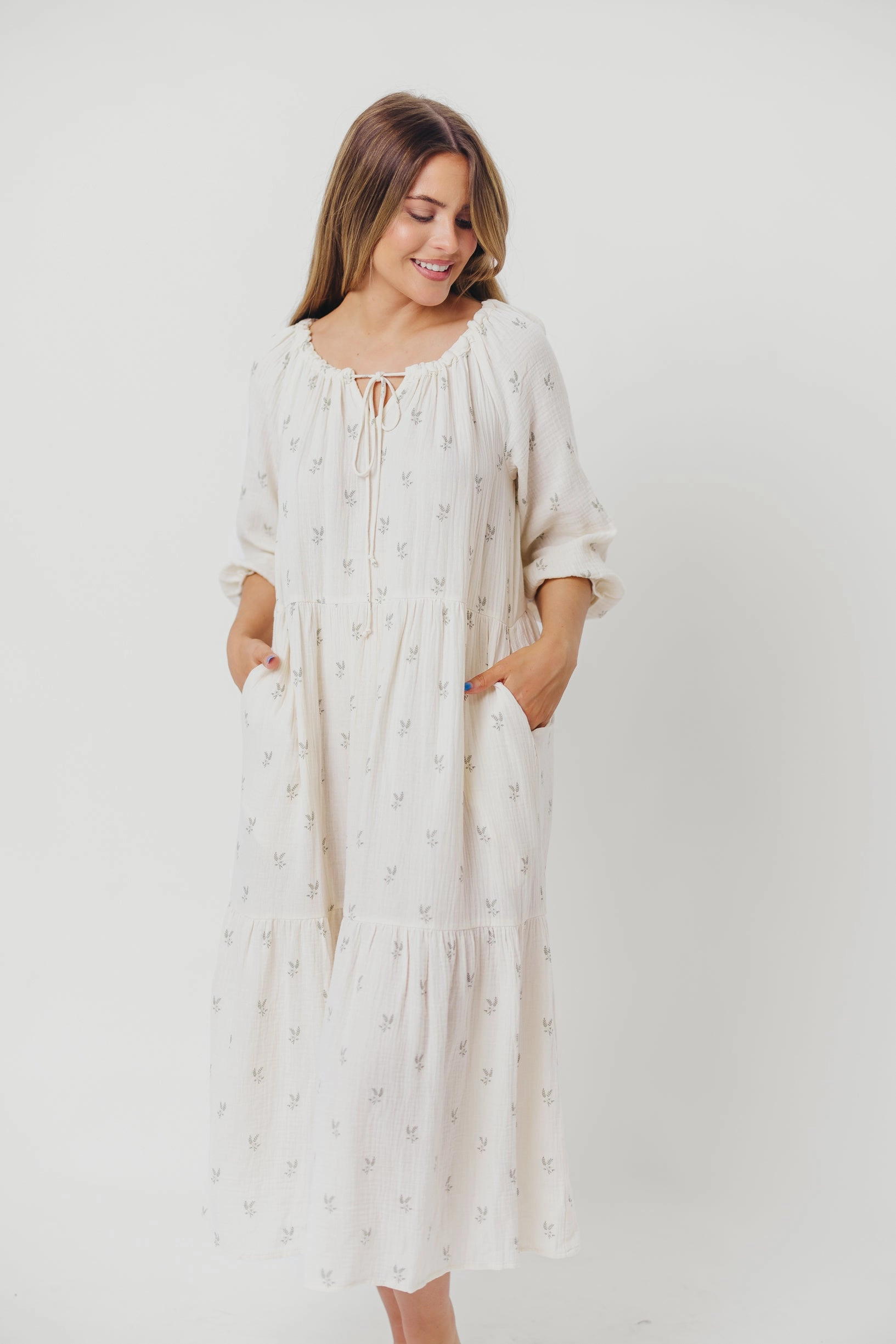 Avery Tiered Linen-Blend Midi Dress in Soy/Sage Foliage - Bump Friendly and Inclusive Sizing *Final-Sale*