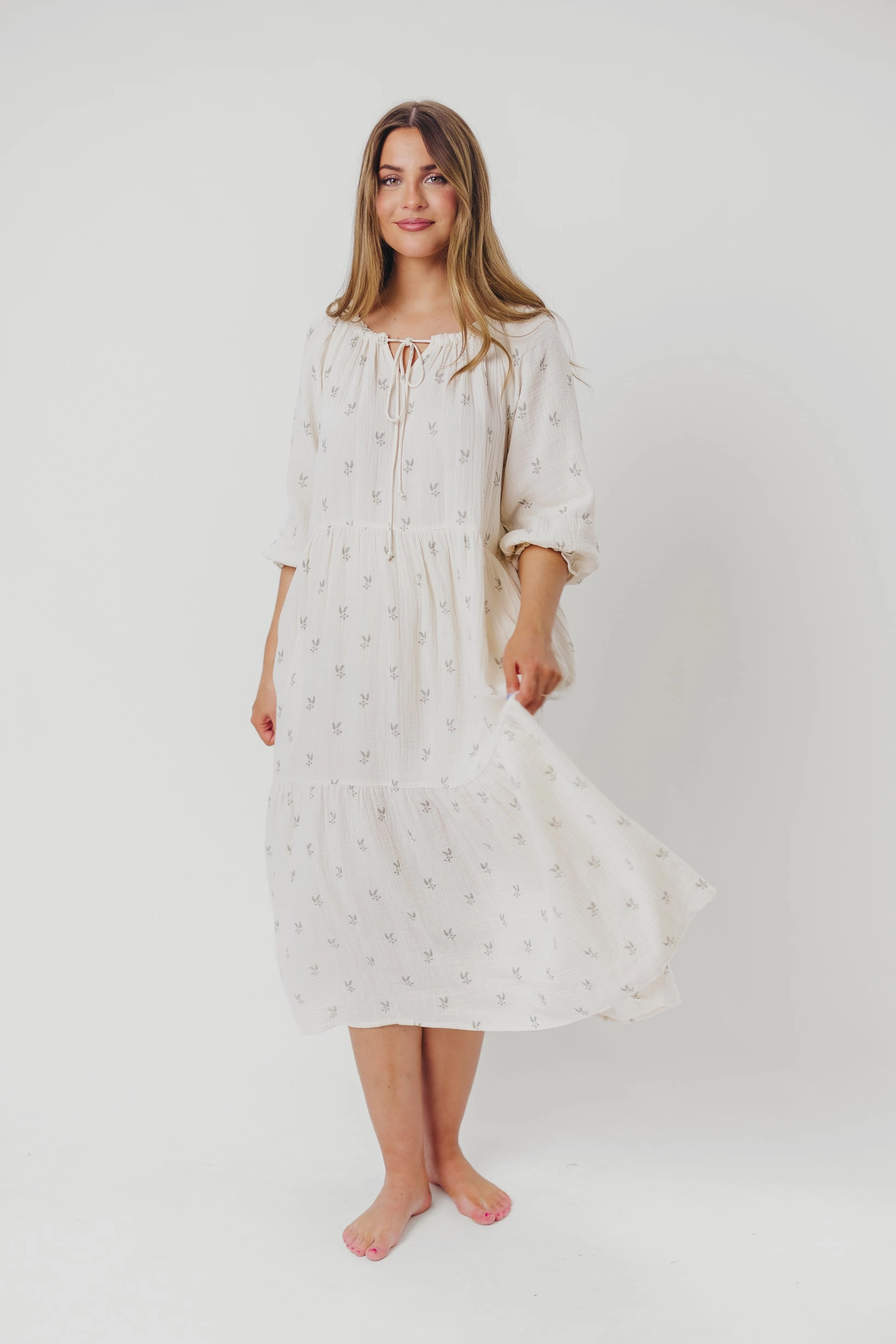 Avery Tiered Linen-Blend Midi Dress in Soy/Sage Foliage - Bump Friendly and Inclusive Sizing *Final-Sale*