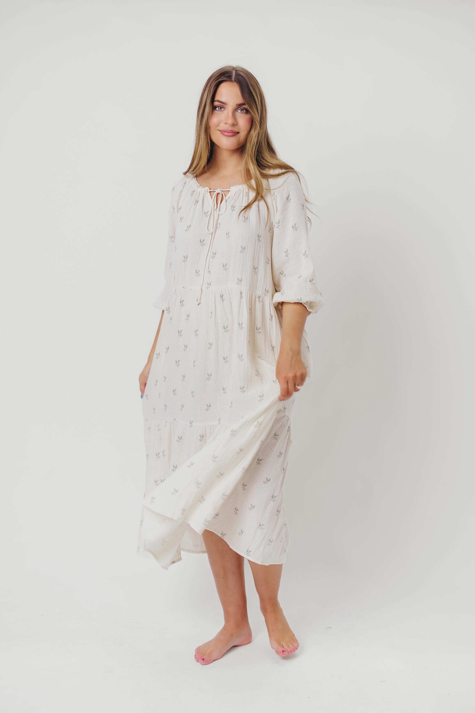 Avery Tiered Linen-Blend Midi Dress in Soy/Sage Foliage - Bump Friendly and Inclusive Sizing *Final-Sale*