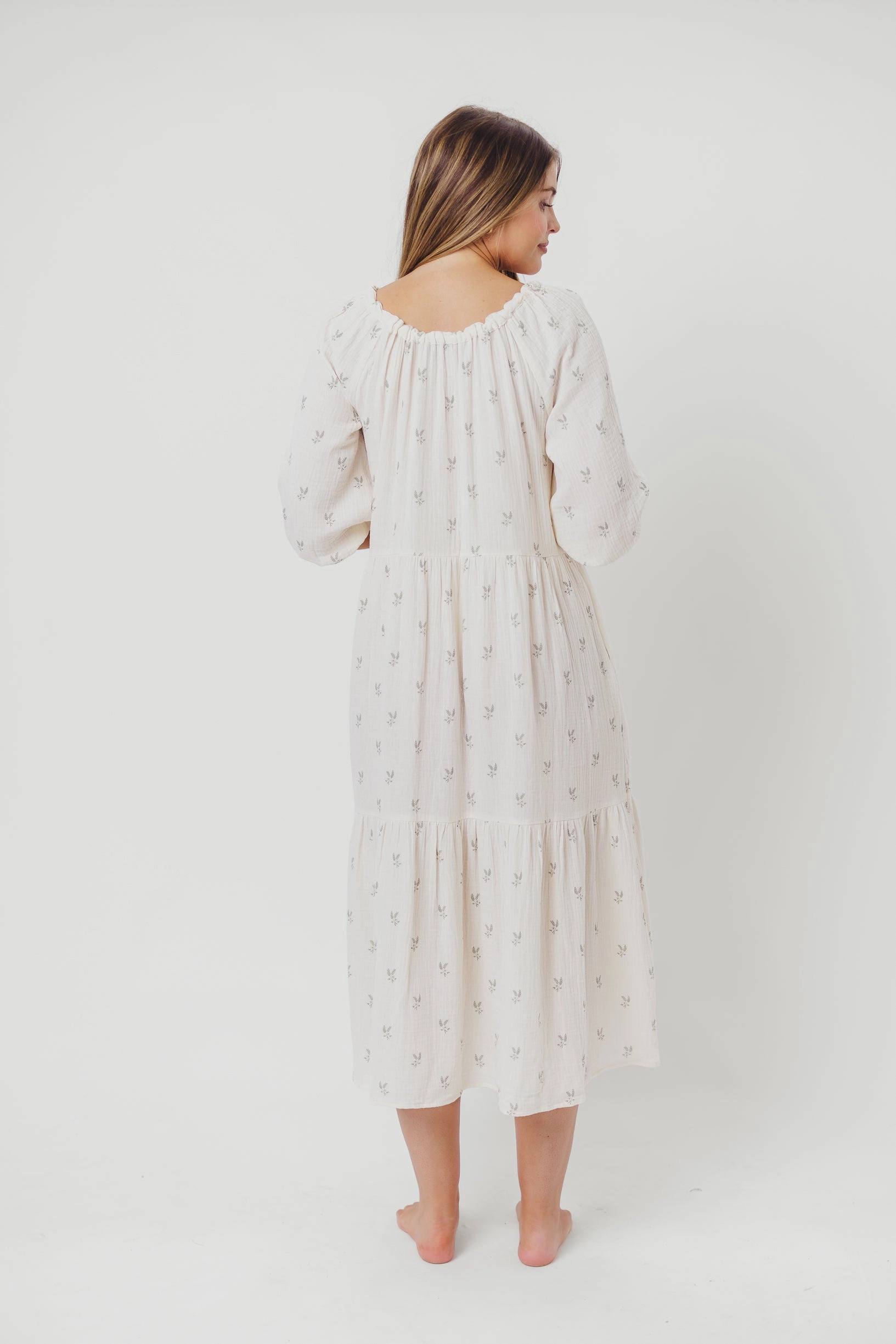 Avery Tiered Linen-Blend Midi Dress in Soy/Sage Foliage - Bump Friendly and Inclusive Sizing *Final-Sale*