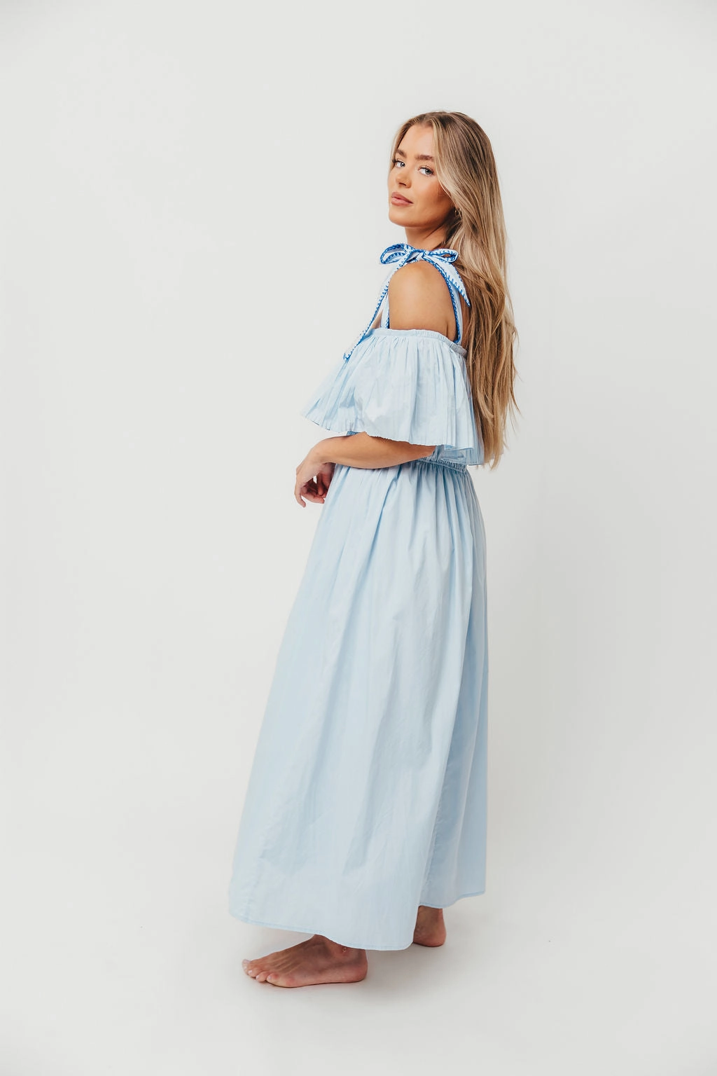 Aviva 100% Cotton Pleated Off-Shoulder Midi Dress in Light Blue