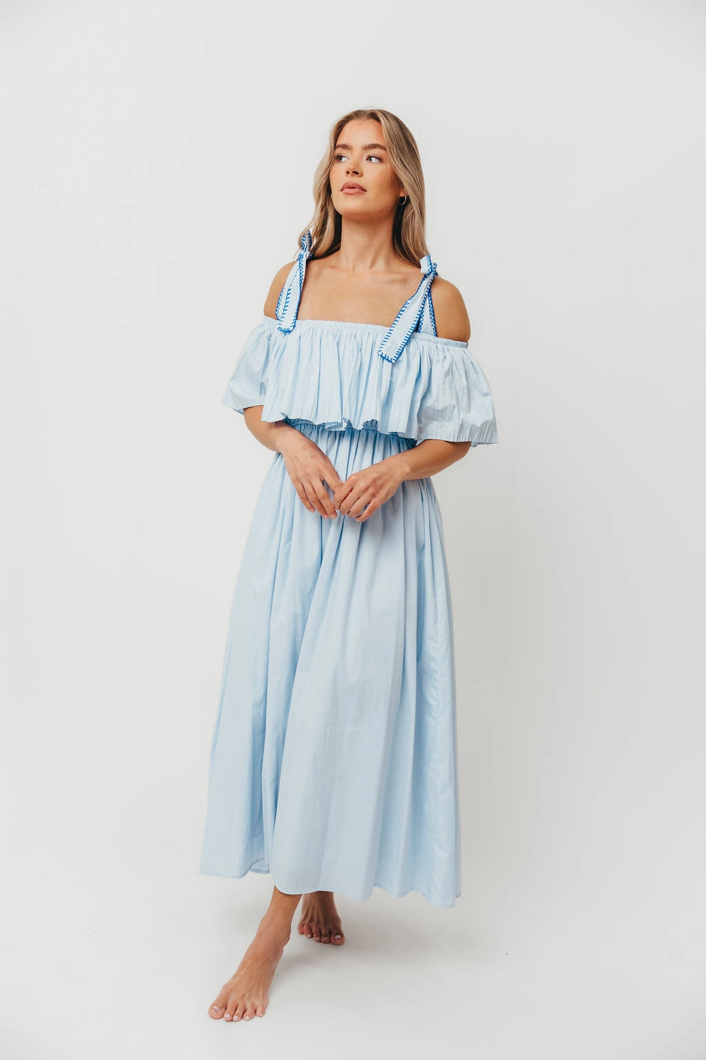 Aviva 100% Cotton Pleated Off-Shoulder Midi Dress in Light Blue