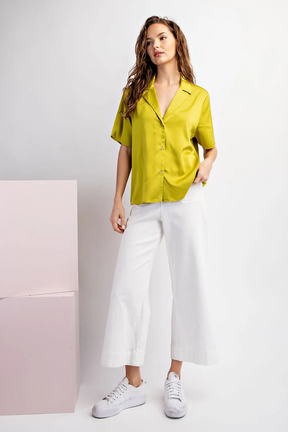 Avocado Satin Button Down Top