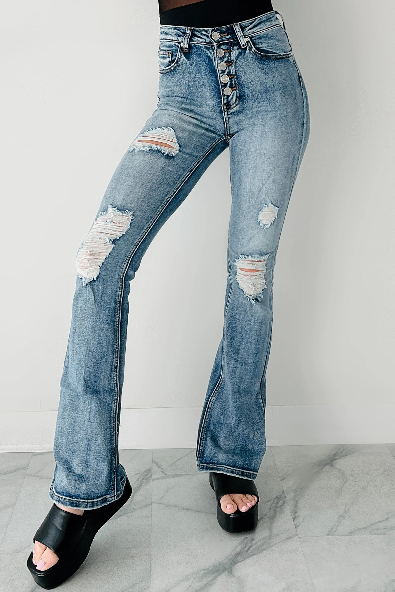Aysha High Rise Distressed Indigo Reign Flare Jeans (Medium)